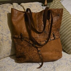 Costanza Rota leather XL Brown Floral Embossed Tote Bag